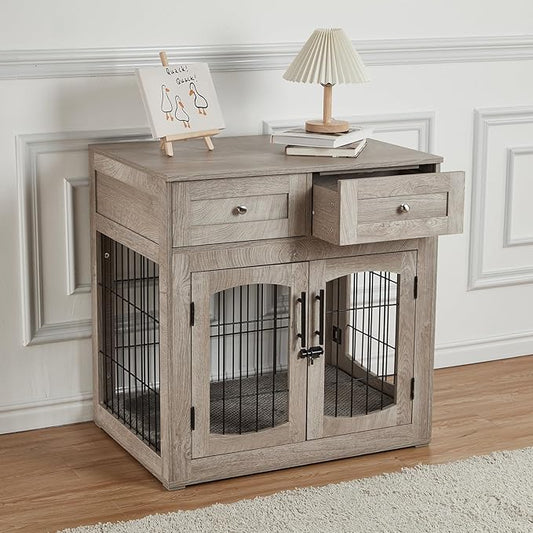 Dog Crate Furniture with Cushion,Wooden Dog Kennels Indoor with 2 Drawers,Dog Furniture Crate End Table with Storage