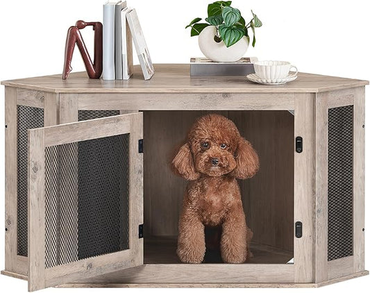Corner Dog Crate Furniture, Wooden Dog Kennel End Table, Decorative Pet Crate Indoor Use, Furniture Style Dog House for Small Medium Dog, Dog Cage TV Stand, Greige and Black DCHG0801