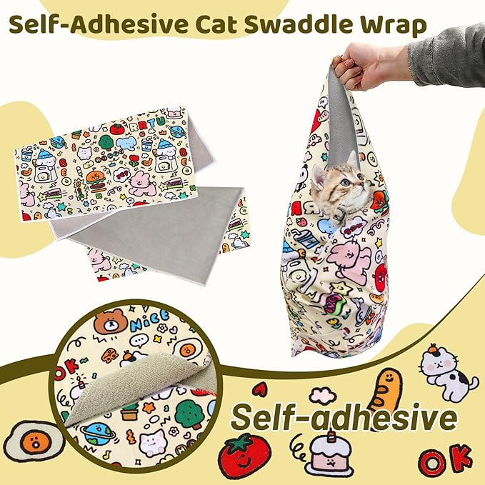 Cat Wrap for Grooming, Self-Adhesive Cat Swaddle Wrap with Nail Clipper, Soft Calming Pet Blanket Anti-Escape Grooming Bag for Cats and Dogs Up to 11lbs (Animal 2)