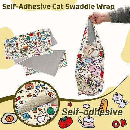 Cat Wrap for Grooming, Self-Adhesive Cat Swaddle Wrap with Nail Clipper, Soft Calming Pet Blanket Anti-Escape Grooming Bag for Cats and Dogs Up to 11lbs (Animal 2)