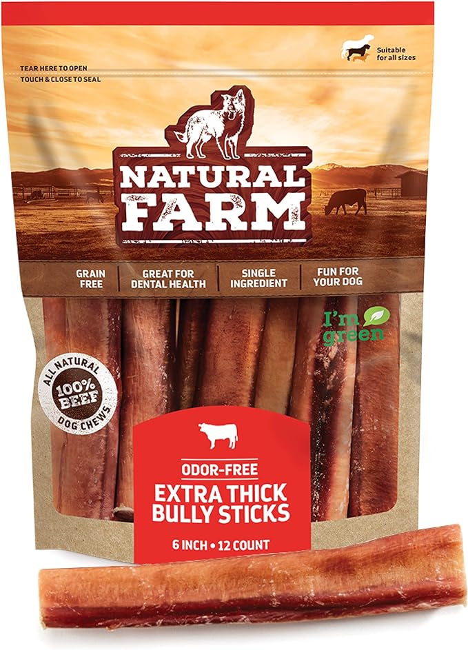 Natural Farm Odor Free Jumbo Bully Sticks (6 Inch, 12 Pack), Extra-Thick Dog Treats  Fully Digestible 100% Beef Treats, Natural Dental Chews  Keep Your Dog Busy with 50% Longer Lasting Chews