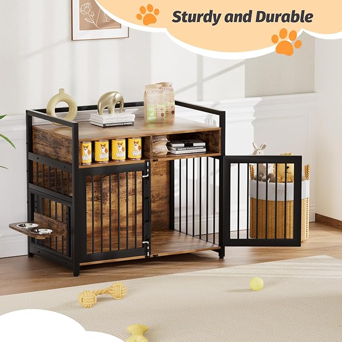 IDEALHOUSE Dog Crate Furniture, Large Dog Cage for Medium Dogs, 41 Inch Dog Kennel with Adjustable Raised Feeders, Indoor Heavy Duty Metal End Table Dog Crate with 2 Open Storage Shelves