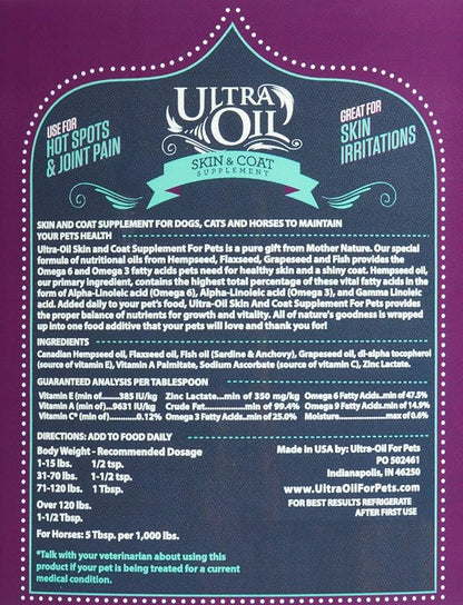 Ultra Oil Skin and Coat Supplement for Dogs and Cats with Hemp Seed Oil, Flaxseed Oil, Grape Seed Oil, Fish Oil for Relief from Dry Itchy Skin, Dull Coat, Hot Spots, Dandruff, and Allergies 128 Ounce