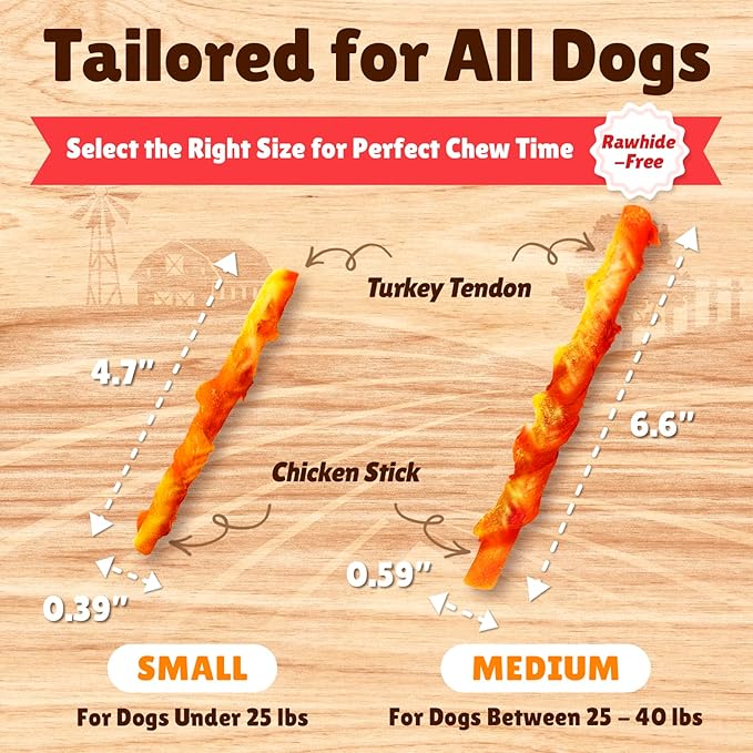 Gootoe Turkey Tendon Wrapped Chicken Stick  100% USA-Sourced, Natural Snack, Premium Training Chews, Hypoallergenic, Rawhide-Free, Reseal Value Bags, Size for Small Dogs, Twists (Medium) 6 Unit/Pack