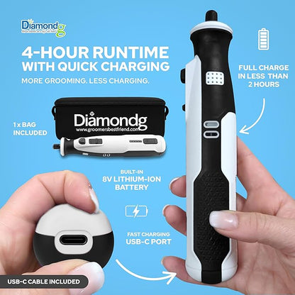 Diamondg Cordless Dog Nail Grinder with Quiet Sound & LED Tip for Large & Small Dogs, 4hrs. Runtime - Electric Dog Nail Trimmer, Heavy Duty Rotary Tool Alternative to Toenail Clippers & Filers