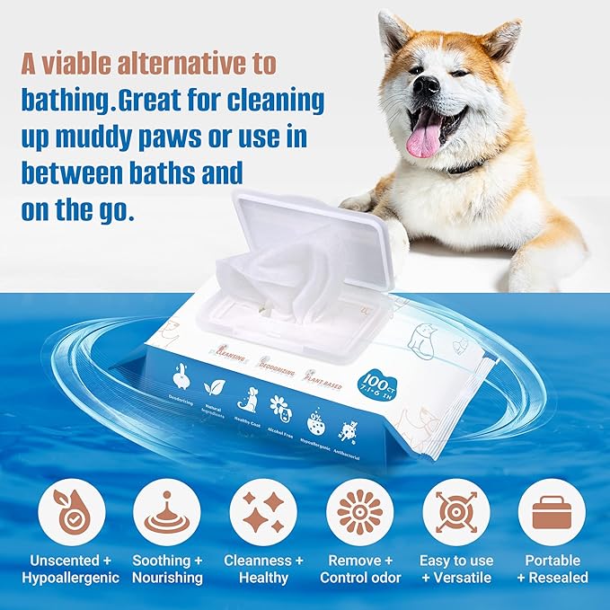 Pet Wipes for Dogs 100Pcs/1Pack – Unscented Dog Wipes with Vitamin E, Chamomile – Gentle Cat Wipes Ideal for Muddy Paws, Face, Dog Eye Wipes, Dog Ear Wipes – Resealable Lid Butt Wipes