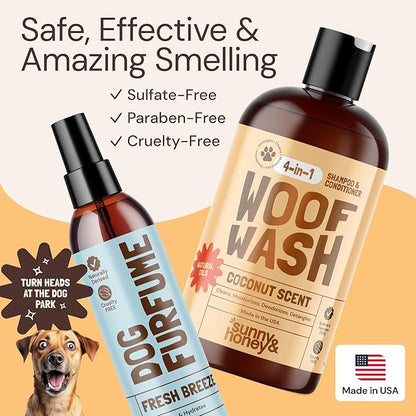 Sunny & Honey 4-in-1 Dog Shampoo and Conditioner & Perfume Spray Bundle - Moisturizing Body Wash - Detangling Spray Deodorizer (Coconut Woof Wash 16oz, Breeze Perfume 8oz)