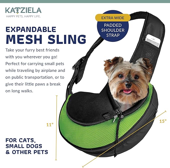 Expandable Pet Carrier Sling Bag - Small Dog, Puppy and Cat Carrier Front Shoulder Backpack w/Harness Strap - Carrying Pouch for ESA, Animal Travel - PU Leather Bottom, Mesh Pocket by Katziela (Green)