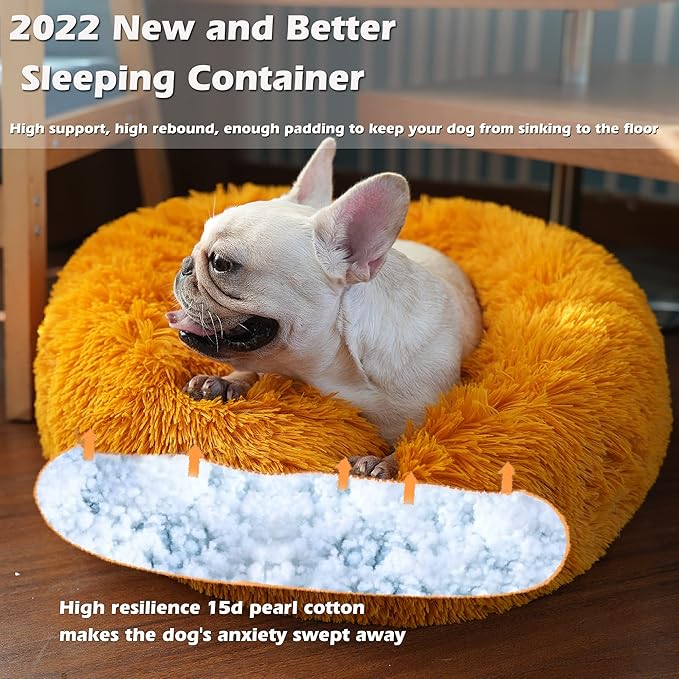 Dog Bed for Calming Dog 23 Inches Orange Anti-Anxiety Donut Puppy Bed for Small Medium Dogs Washable Fuzzy Dog Bed Fits up to 25 lbs Pets Beds for Small Dog