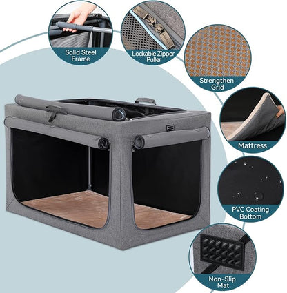 30inch Soft Dog Crate for Medium Dogs, 3-Doors Dog Kennel Carrier with Soft Mat, for Indoor Outdoor Travel