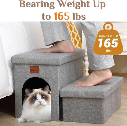 JOLLYVOGUE Dog Steps for Small Dogs, Cat Stairs with Storage, Non-Slip Dog Steps for Beds Couches, Folding Pet Stairs Helper for High Beds, Dog Ramp for Small Dogs and Cats or Pets Friendly, 2-Tiers