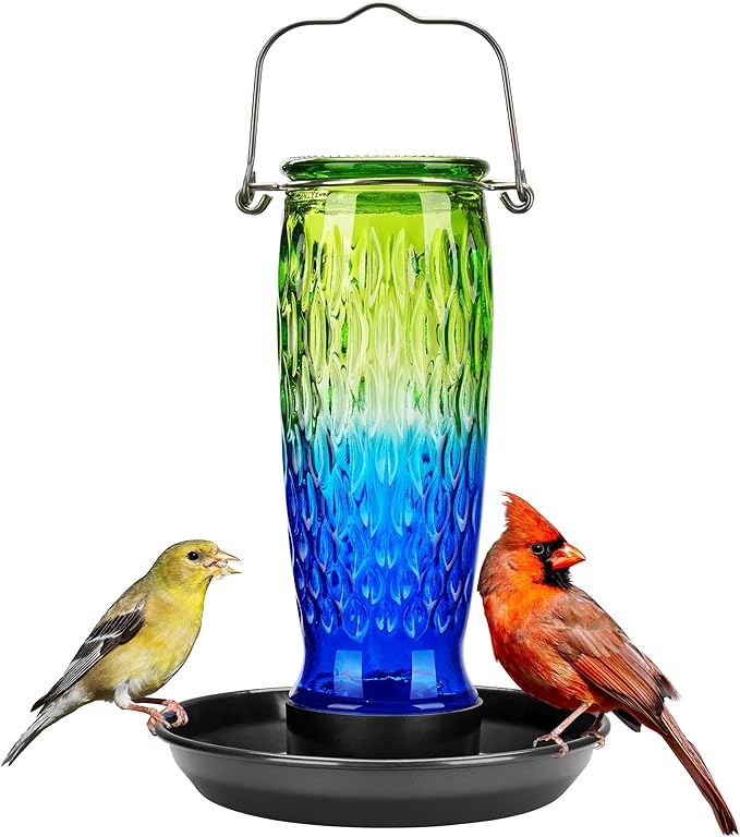 Kingsyard Bird Water Feeder for Outside, 24 Ounce, Glass Bird Water Dispenser with Metal Hanging for Garden Yard Outside Decoration, Green & Blue