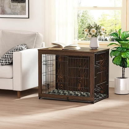 Megidok Wooden Dog Crate Furniture with Cushion, Dog Crate End Table with Tray, Double Doors Dog Crate(M:32"L*22" W*26"H, Rustic Style)