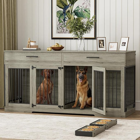 Rophefx 72" Dog Crate Furniture for 2 Dogs, Large Double Dog Kennel Indoor Furniture with 2 Storage Drawers and Removable Divider, Wooden Dog Cage with 4 Bowls, Dog House TV Stand for Medium Dog, Grey