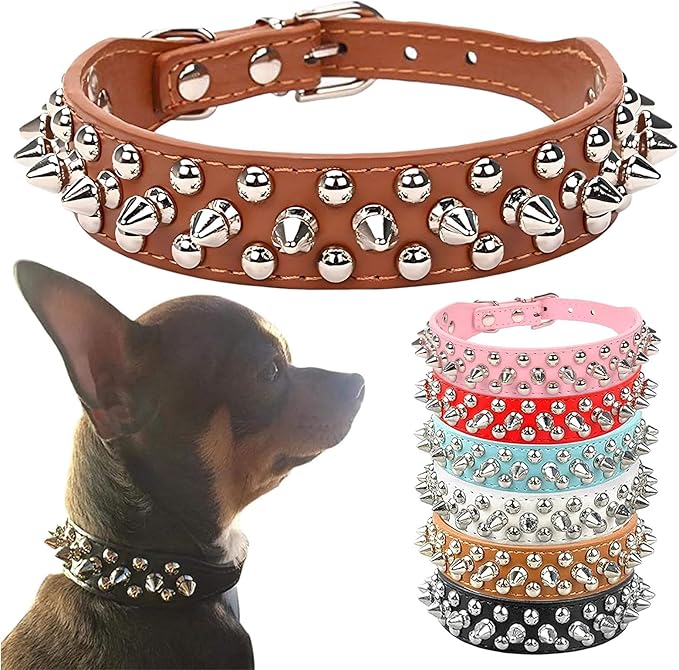 PETCARE Spiked Dog Collar Brown Soft Pu Leather Funny Mushrooms Rivet Spike Studded Puppy Collar Adjustable Outdoor Pet Dog Collar for Small Medium Large Dogs Cats Chihuahua Pug Pit Bull Dog Collars