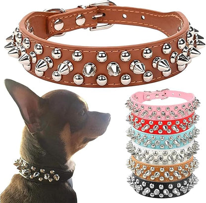 PETCARE Spiked Dog Collar Brown Soft Pu Leather Funny Mushrooms Rivet Spike Studded Puppy Collar Adjustable Outdoor Pet Dog Collar for Small Medium Large Dogs Cats Chihuahua Pug Pit Bull Dog Collars