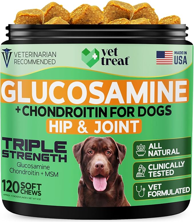 Glucosamine for Dogs  Hip & Joint Supplement with Chondroitin, MSM, Turmeric, Hemp Oil & Green Lipped Mussel  Arthritis Pain Relief, Mobility Support  Vet Formulated, USA  120 Chews