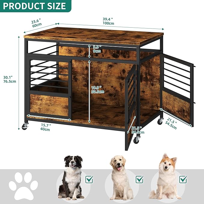 YITAHOME 39" Dog Crate Furniture with Wheels, Farmhouse Decorative Wood Dog Cage End Table Chew-Resistant Wooden Dog Kennel Indoor for Small Dogs, Rustic Brown