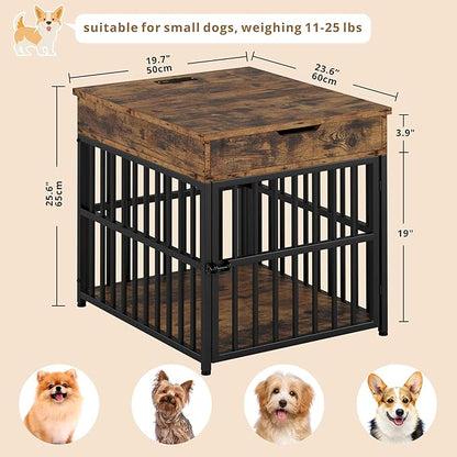 IRONCK Dog Crate Furniture for Small Dogs, Wooden Dog Kennel with Flip Top Drawer, Indoor Pet Crate End Table with Charging Station, Steel-Tube Dog Cage, Rustic Brown