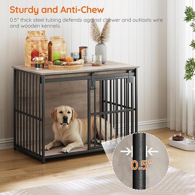 HOOBRO Dog Crate Furniture, 36.6" Heavy Duty Dog Kennel with Sliding Barn Door, Decorative Dog Crate Indoor, End Side Table for Small/Medium Dog, Greige and Black BG162GW03G1