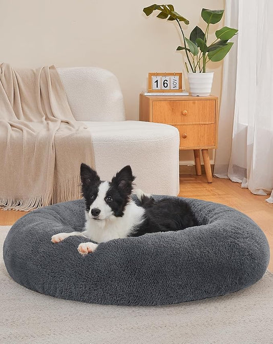 OhGeni Calming Donut Dog Bed Pillow, Machine Washable Plush Waterproof Zipper Cover, Anti-Slip Round Comfort Pet Bed, Pillow Design Cozy Warming Fluffy Fur Bed for Medium Large Dogs, Gray, 36 inches