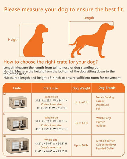 Piskyet Wooden Dog Crate Furniture with 360°Rotatable Removable Dog Bowls, Dog Crate End Table with Tray, Double Doors Dog Kennels for Dogs(L:37.7" L*25.1" W*26.1" H, Gray)