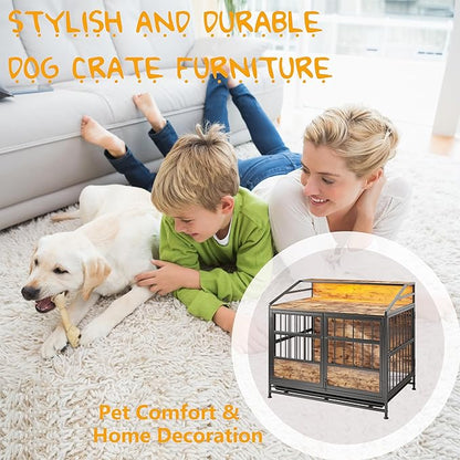 Ball & Cast 20" Multi-Function Dog Crate Furniture with Storage,3-Door Access Wooden Kennel for 11-25 lbs Dogs,Double Doors with Pull-Out Tray,Waterproof Indoor Pet House,Easy Assembly,Black Brown