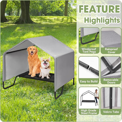 Dog Shade Shelter Outdoor Tent for Large Medium Dogs, Outdoor Pet Tent Weatherproof, Outside Sun Rain Canopy Pet Houses with Elevated Dog Bed for Dogs, Small Animals and Livestock,3.4'x3.4'x3.2', Grey