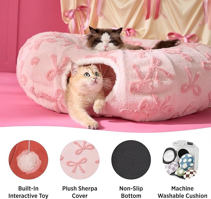 Lesure Cat Tunnel Bed for Indoor Cats - Cute Cat Donut Tunnel Toys with Washable Circle Cushion, Round Pet Peekaboo Cave Toy for Kitten/Puppy/Rabbit, Standard Pink Taffy