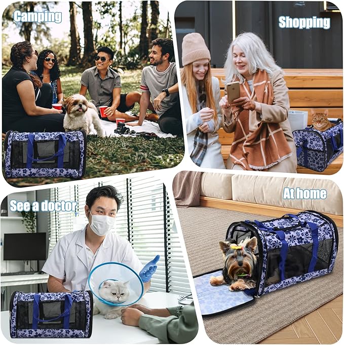 Soft-Sided Kennel Pet Carrier for Small Dogs, Cats, Puppy, Airline Approved Cat Carriers Dog Carrier Collapsible, Travel Handbag & Car Seat (Large: 19" x 11" x 11", Floral Print Blue)