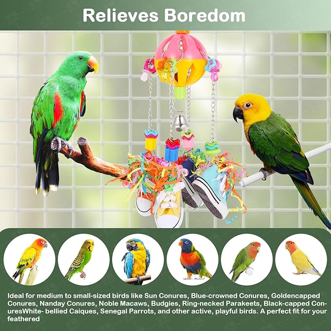 Bird Toys for Parrots and Conures, Colorful Chew Sneakers, Bell Balls, Acrylic Pacifiers, Durable Toys for Small and Medium Birds, Hanging Bird Cage