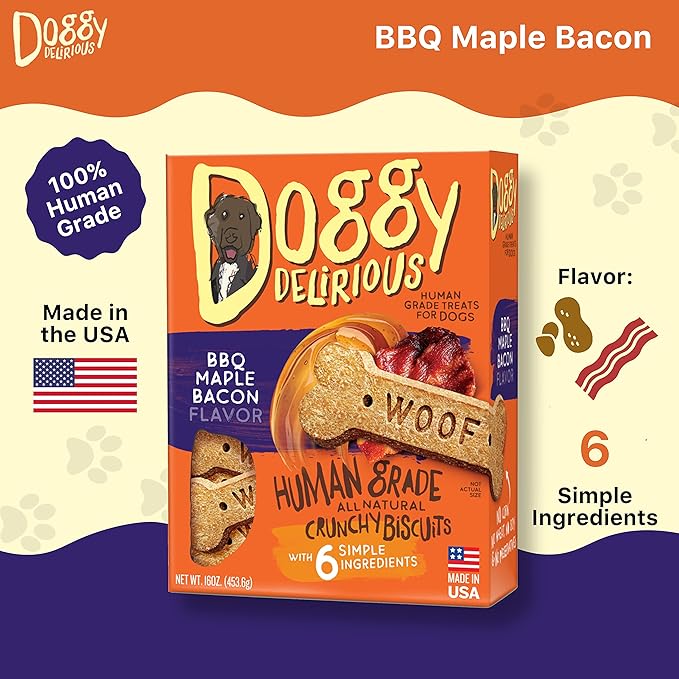 Crunchy Dog Treats  for All Pet Sizes, Breeds  All-Natural Puppy Treat  100% Human-Grade  Delicious Pet Treat Bones, Snacks for Dogs  BBQ Maple Bacon, 16 Oz.