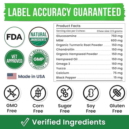 Hemp Treats - Dog Joint Supplement - Mobility Support Chews w/Glucosamine Chondroitin, Turmeric, MSM - Hip & Joint Chews - Joint Pain Relief Treats - 120Ct