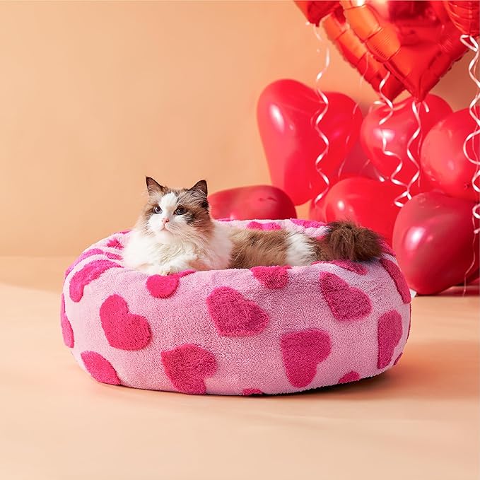 Lesure Donut Small Dog Bed - Round Cat Beds for Indoor Cats Anti-Anxiety Calming Pet Beds, Washable Cute Modern Beds with Teddy Sherpa Plush & Anti Slip Bottom, 20 Inch, Heart Pink