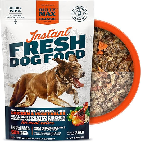 Bully Max Instant Fresh Wet Dog Food - Nutrient-Rich Dehydrated Raw Dog Food with Natural Chicken Recipe - 15 oz Pouch, Wet Dog Food Alternative - Makes 2.5 lbs. of Wet Food