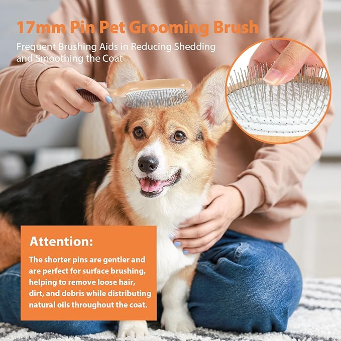 Dog Grooming Shedding Brush - 17mm Short Metal Pin Deshedding Dog Cat Brush - Long Short Haired Dogs Cats Brushes - Indoor Pets Dog Cat Comb with Rubber Handle
