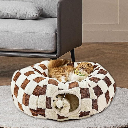 Cat Tunnel Bed with Washable Cushion for Indoor Cat, Donut Cave Tube Toys for Kitten Puppy Rabbit, Brown