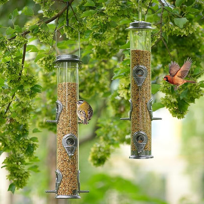 MIXXIDEA 2PK Metal Bird Feeders with 6 Feeding Ports,Tube Bird Feeder with Steel Hanger,Hard Plastic Wild Bird Feeder for Outdoors Hanging, Attracting Birds in Your Lawn, Garden, Balcony (Grey)