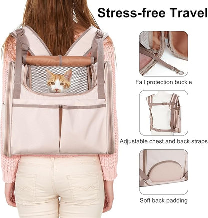 FUKUMARU Cat Backpack Carrier, Expandable Small Pet Carriers for Cats with 4 Pockets, Hiking Travel Carrier Bag for Small Animal, Airline Approved Cat Carrier with Rollable Cover for Nervous Cat, Pink