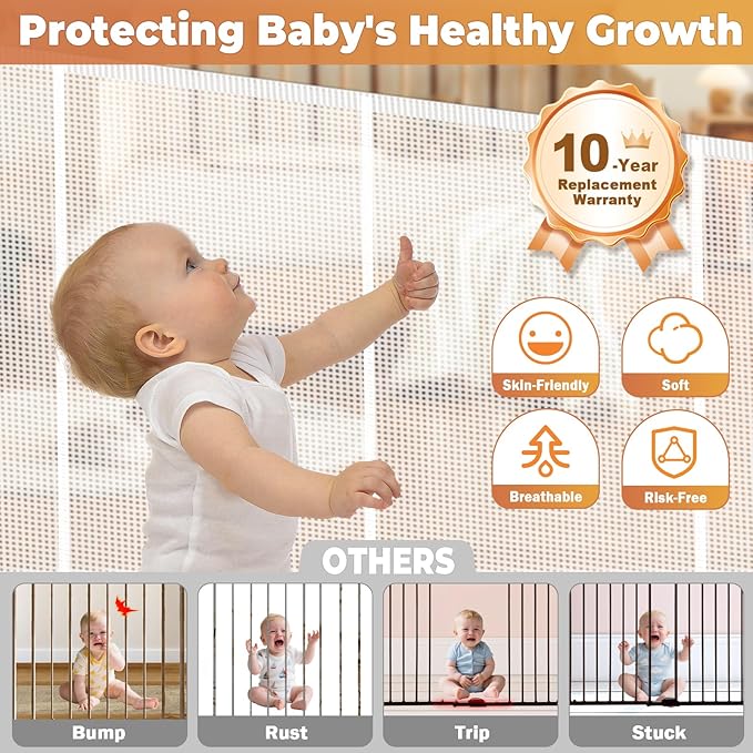 275" Retractable Baby Gates Dog Gate Extra Wide, 52" Tall Child Pet Safety Gate with Reinforced Strips for Stairs, Long Mesh Garage Gates Fence for Outdoor Indoor Large Openings Driveway Decks Patio