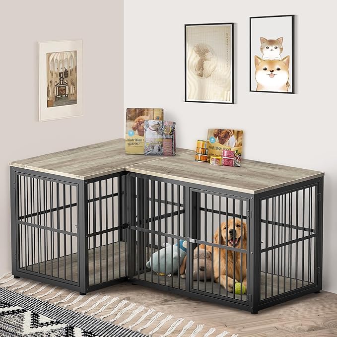 43'' L-Shaped Corner Dog Crate Furniture Large Breed with Double Rooms,Wooden Dog Crate End Table Indoor with Removable Divider for Small to Medium Dogs, Can Use Separately