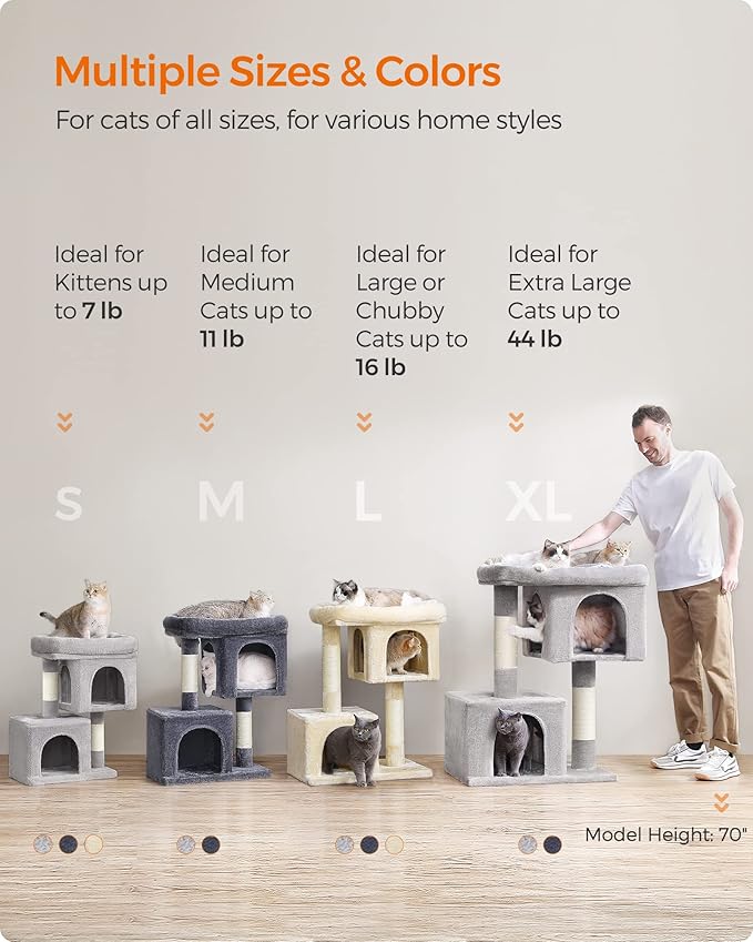 Feandrea Cat Tree, 39.8-Inch Cat Tower, XL, Cat Condo for Extra Large Cats up to 44 lb, Large Cat Perch, 2 Cat Caves, Scratching Post, Smoky Gray UPCT614G01