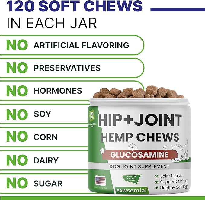 Advanced Hemp Hip & Joint Supplement for Dogs - Glucosamine for Dogs - Dog Joint Pain Relief Treats - Chondroitin Turmeric MSM Hemp Oil - Hemp Treats for Joint Health - Senior Mobility Support Chew