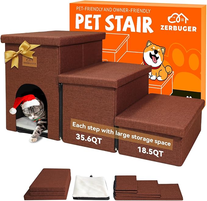 Dog Stairs with Storage 17.5" H, Dog Steps for High Beds, Folding Pet Stairs for Small Medium or Large Dogs Puppy for Bed and Couch, Dog Ramp for Car Hold Up to 200 lbs (Brown, 3 Steps with Condo)