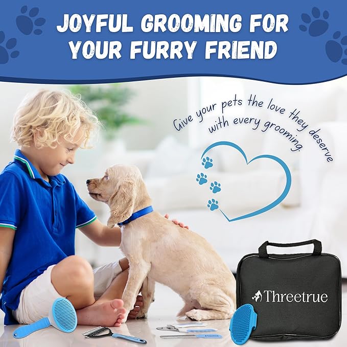 Complete Dog Brush set, 5-in-1 Grooming kit with Slicker Brush, Rubber Massage Brush, Nail Clipper, File, and Undercoat Rake.