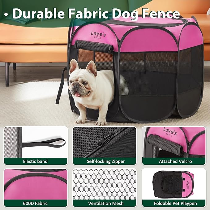 Love's cabin Pet Puppy Dog Playpen, Small Dog Tent Crates Cage Indoor/Outdoor, Portable Playpen for Dog and Cat, Foldable Pop Up Dog Kennel Playpen with Carring Case, Removable Zipper Top, Pink