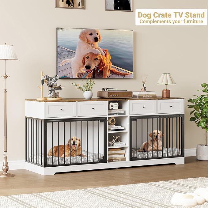 IDEALHOUSE 82” Large Dog Crate for 2 Dogs, Dog Kennel Indoor with 4 Drawers and Shelves, Double Dog Crate Furniture TV Stand, Wooden Heavy Duty Dog Crate for Medium Large Dogs, White