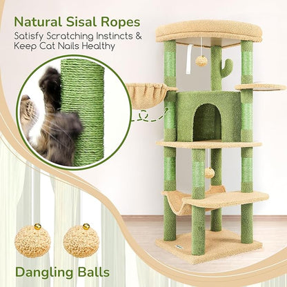 Globlazer Cactus Corner Cat Tree Tower with Scratching Post for Indoor Cats, 51in Multi-Level Cat Condo Tower with Large Hammock, Fan-Shaped Padded Perch, Spacious Cat Cave, Hanging Basket, C51, Green