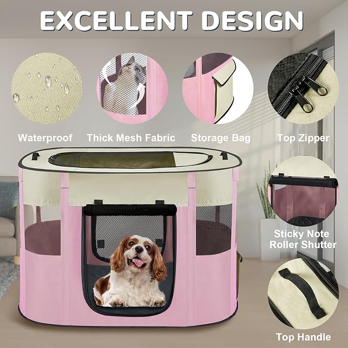 Portable Dog Playpen,Foldable Dog Cat Kennel Tent Cage,Dog Cat Rabbit Crates for Travel Water-Resistant Breathable Shade Cover,Indoor Outdoor Travel Camping Use for Small Puppy Pet Pink L