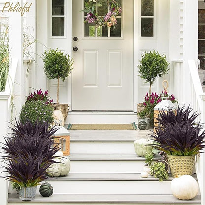 6Pcs Artificial Grass Fake Grass Plants 17.3in Outdoor Plants UV Resistant Faux Greenery Stems for Home Window Garden Office Patio Pathway Front Porch Halloween Décor Light Green & Purple